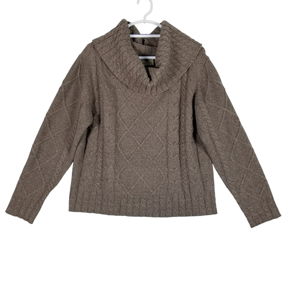 Carraig Donn Sweater Womens M Taupe Wool Cowl Neck Aran Cable Knit Ireland 140
